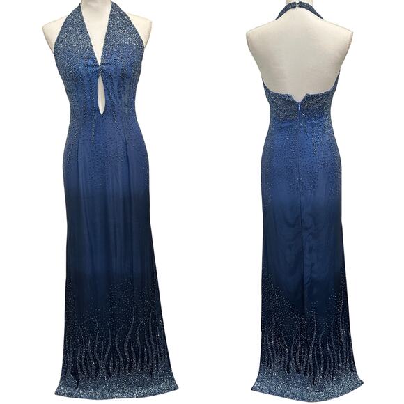 Vintage Y2K Silk Beaded Ombre Blue Halter Maxi Gown Mermaid Fairy Hoco Prom Glam - Picture 1 of 16